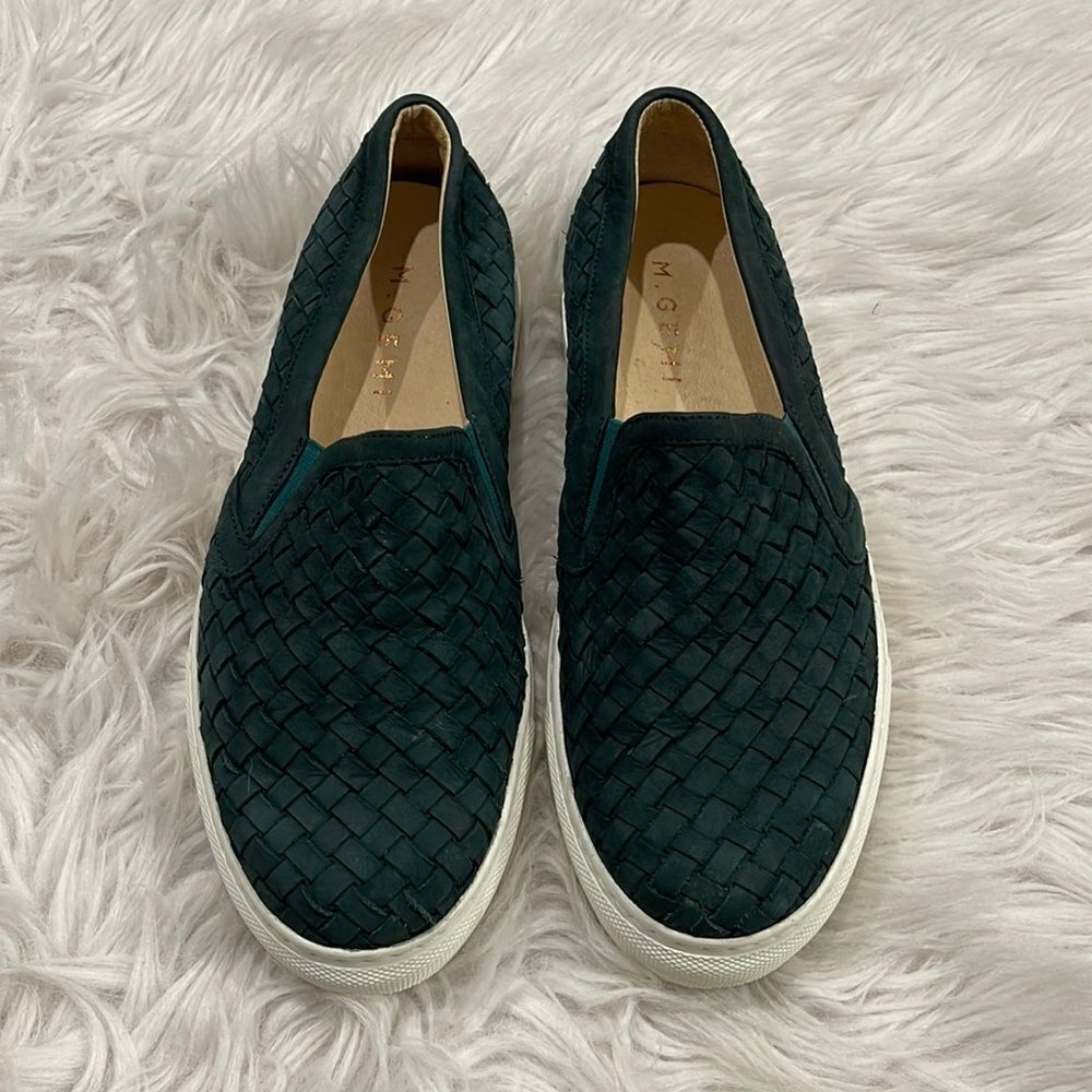 𝅺M Gemi Cercio Green Leather Basket Weave Slip On Sneaker Sz 37 1/2